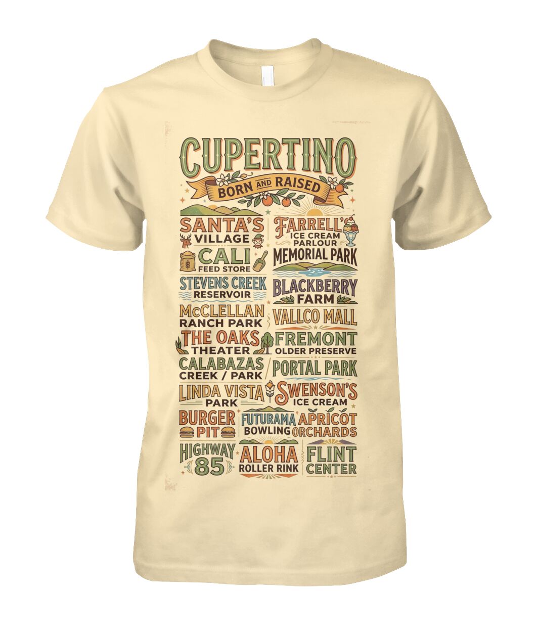 Cupertino Born and Raised t-shirt with iconic local place names